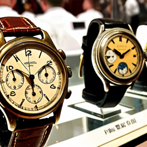 Home 15 **Vintage Watches Auction:** A close-up shot of several vintage wristwatches on display during a live auction. Focus on intricate details, reflections on glass cases, and blurred background with people bidding.