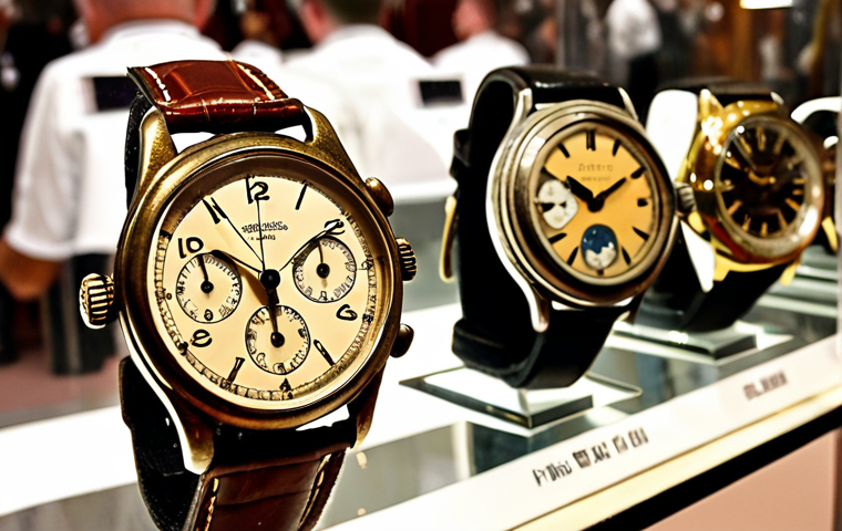 **Vintage Watches Auction:** A close-up shot of several vintage wristwatches on display during a live auction. Focus on intricate details, reflections on glass cases, and blurred background with people bidding.