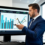 A focused professional male auctioneer, dressed in a modest business suit, meticulously analyzing market data on a large computer screen in a sleek, modern auction house office. The desk is clean, showing only a tablet and a stylus. The background features blurred abstract charts and a subtle professional setting. The lighting is soft and professional. fully clothed, appropriate attire, safe for work, perfect anatomy, natural proportions, professional dress, well-formed hands, proper finger count, natural body proportions, appropriate content, professional photography, high quality, family-friendly.
