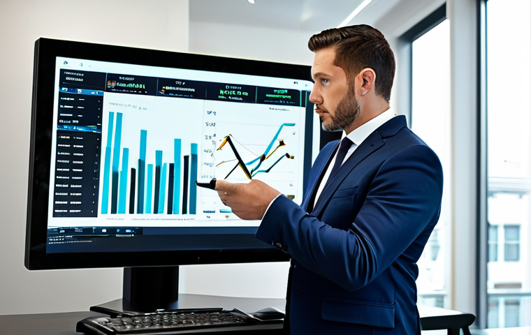 A focused professional male auctioneer, dressed in a modest business suit, meticulously analyzing market data on a large computer screen in a sleek, modern auction house office. The desk is clean, showing only a tablet and a stylus. The background features blurred abstract charts and a subtle professional setting. The lighting is soft and professional. fully clothed, appropriate attire, safe for work, perfect anatomy, natural proportions, professional dress, well-formed hands, proper finger count, natural body proportions, appropriate content, professional photography, high quality, family-friendly.
