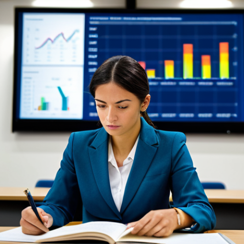 Home 7 A focused, professional woman in a modest business suit, seated at a desk in a modern university classroom, meticulously studying a legal textbook. The background features a blurred projection screen displaying abstract charts related to market analysis. The atmosphere is academic and studious.
* **Safety Modifiers**: fully clothed, appropriate attire, professional dress, safe for work, appropriate content, professional.
* **Anatomy Modifiers**: perfect anatomy, correct proportions, natural pose, well-formed hands, proper finger count, natural body proportions.
* **Quality Modifiers**: professional photography, high quality, sharp focus, vibrant colors, detailed.