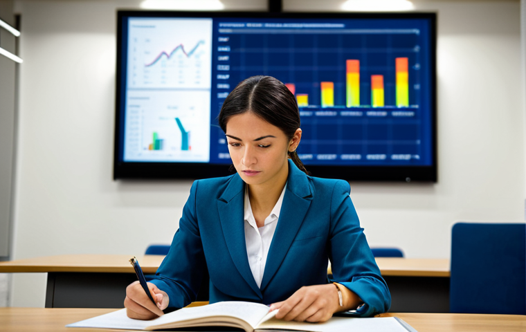 A focused, professional woman in a modest business suit, seated at a desk in a modern university classroom, meticulously studying a legal textbook. The background features a blurred projection screen displaying abstract charts related to market analysis. The atmosphere is academic and studious.
* **Safety Modifiers**: fully clothed, appropriate attire, professional dress, safe for work, appropriate content, professional.
* **Anatomy Modifiers**: perfect anatomy, correct proportions, natural pose, well-formed hands, proper finger count, natural body proportions.
* **Quality Modifiers**: professional photography, high quality, sharp focus, vibrant colors, detailed.