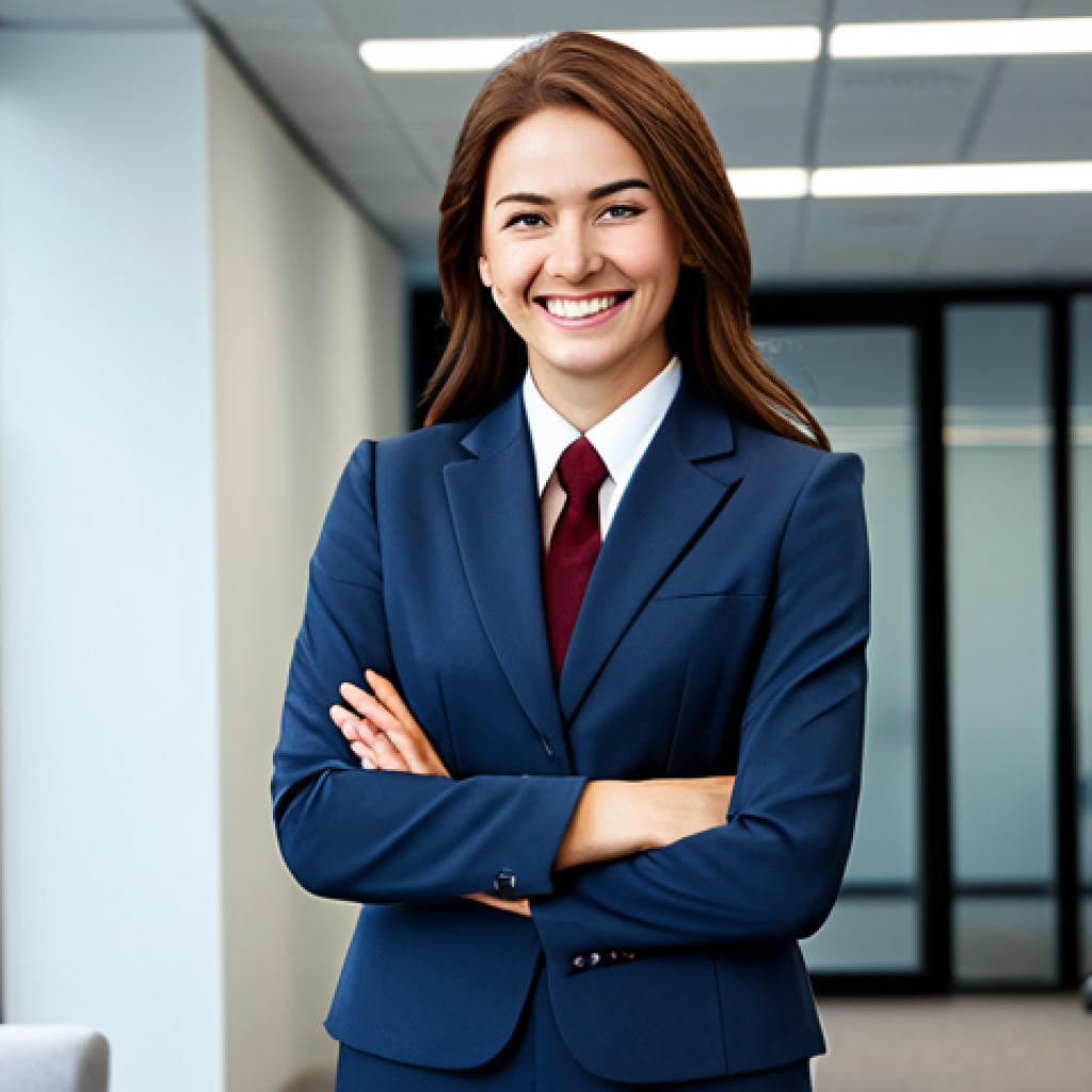 **Prompt:** "A professional businesswoman in a modest business suit, smiling confidently in a modern office environment, fully clothed, appropriate attire, safe for work, perfect anatomy, natural proportions, professional photography, high quality."