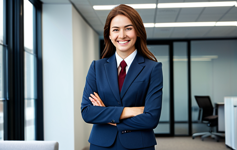 **Prompt:** "A professional businesswoman in a modest business suit, smiling confidently in a modern office environment, fully clothed, appropriate attire, safe for work, perfect anatomy, natural proportions, professional photography, high quality."