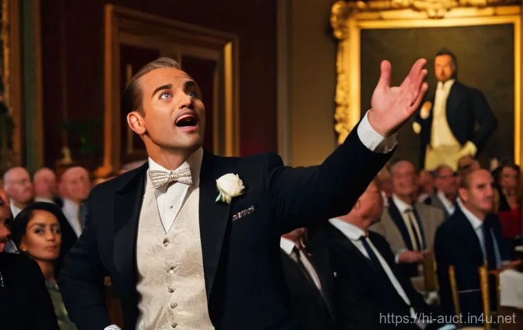 경매사 경력 전환을 위한 전략 - **Prompt:** "A highly charismatic and confident male auctioneer, mid-40s, on a brightly lit stage in...