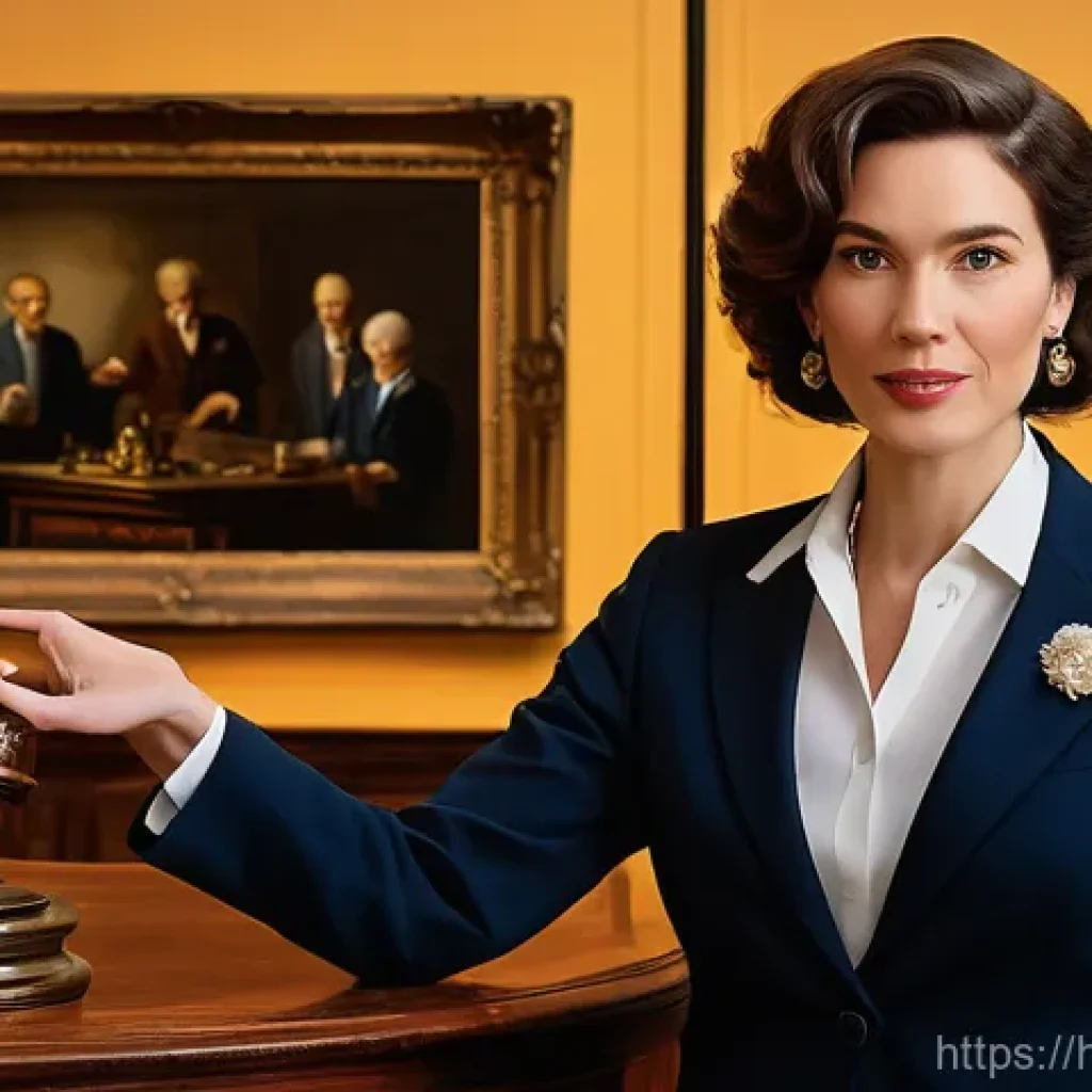 경매사 자격증과 연관된 직업 목록 - **Prompt:** A vibrant and dynamic scene depicting a charismatic female auctioneer, mid-sentence, hol...