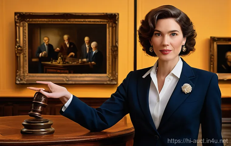 경매사 자격증과 연관된 직업 목록 - **Prompt:** A vibrant and dynamic scene depicting a charismatic female auctioneer, mid-sentence, hol...