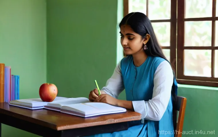 경매사 자격증 시험장에서 유의할 점 - **Prompt:** A serene, indoor shot of a young Indian woman (20s) deeply engrossed in her studies, pre...