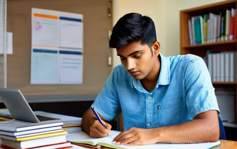 경매사 필기시험 시간 관리법 - A determined young Indian male student, approximately 20 years old, is seated at a well-organized de...