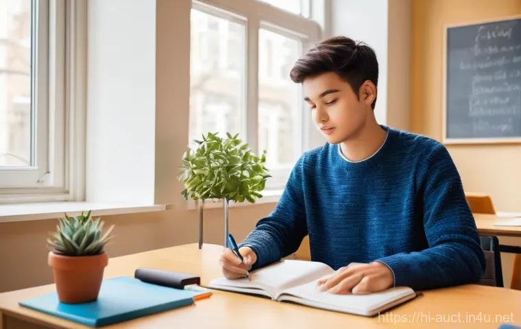 경매사 시험 준비 과정에서의 집중력 유지법 - **Prompt:** A young adult, aged 20-24, is deeply focused on studying at a meticulously organized stu...