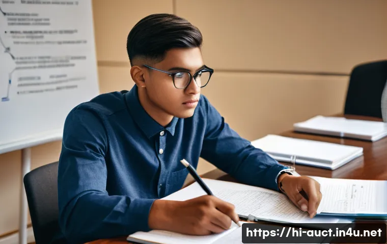 경매사 필기 시험 합격 비결 - A focused and determined young student, in their mid-20s, neatly dressed in a comfortable yet smart ...