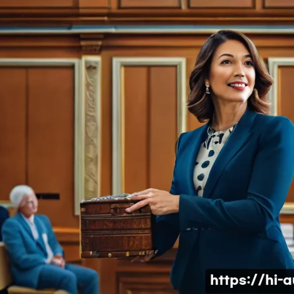 경매사 자격증 공부에 도움 되는 책 - A dynamic, full-shot image of a highly professional female auctioneer in her late 30s, confidently h...