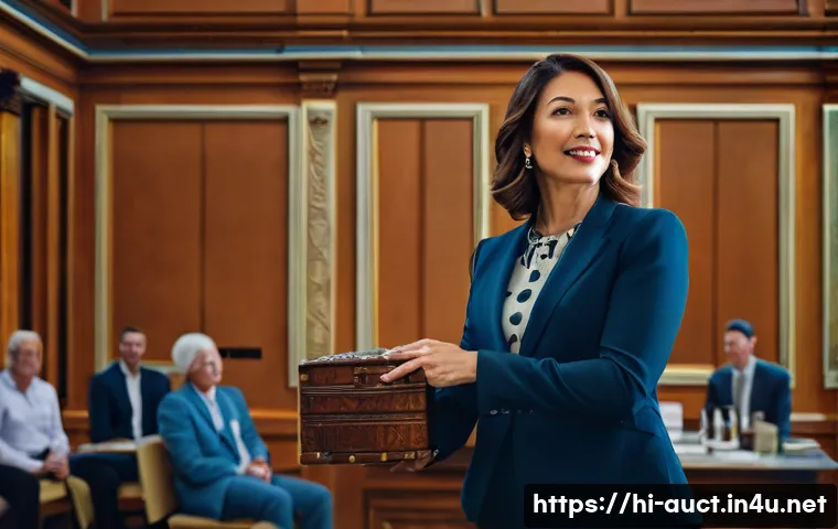 경매사 자격증 공부에 도움 되는 책 - A dynamic, full-shot image of a highly professional female auctioneer in her late 30s, confidently h...