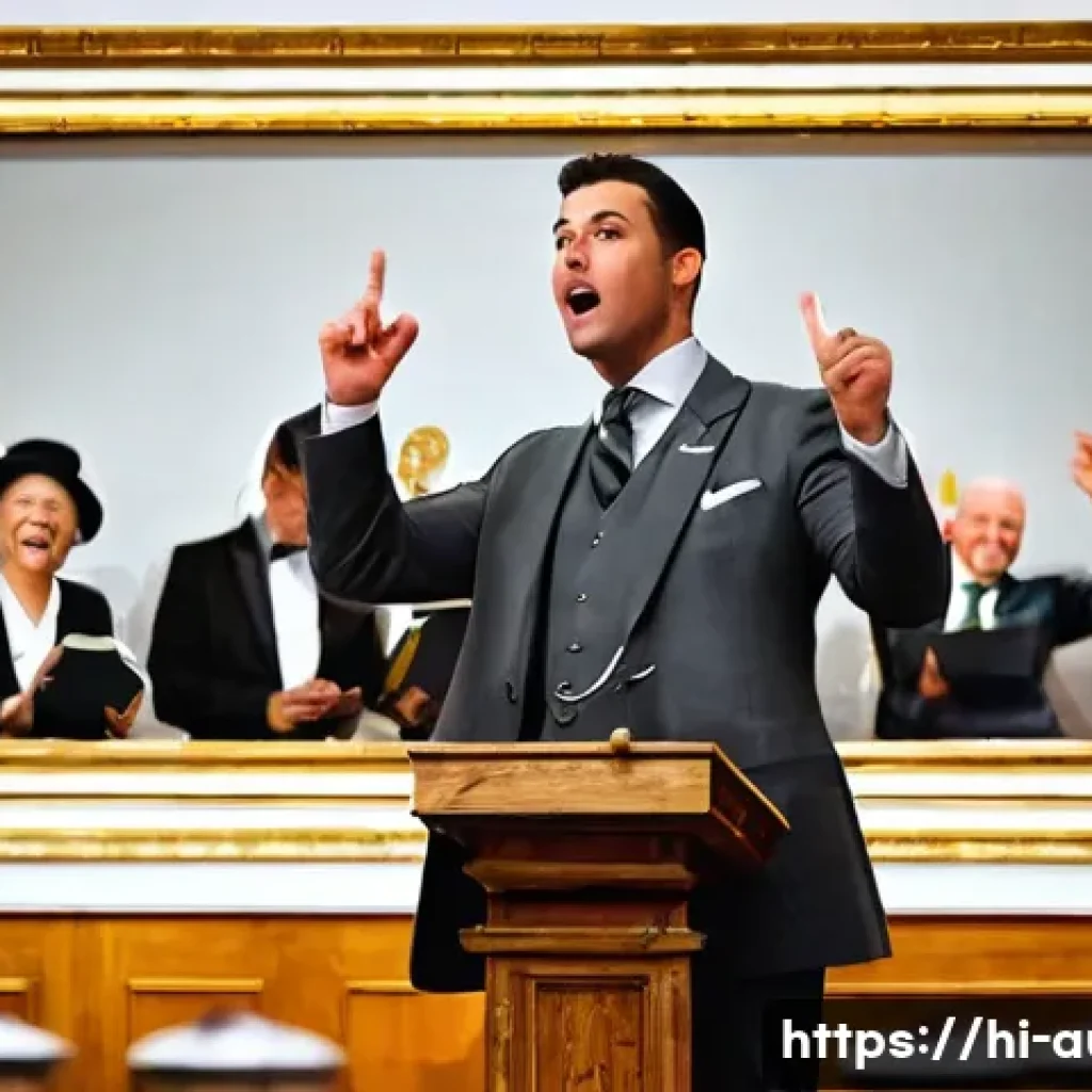 경매사 초보자 가이드 - A charismatic and confident male auctioneer in his late 30s, dressed in a sharp, charcoal grey suit,...