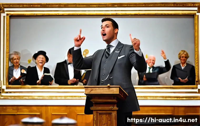 경매사 초보자 가이드 - A charismatic and confident male auctioneer in his late 30s, dressed in a sharp, charcoal grey suit,...