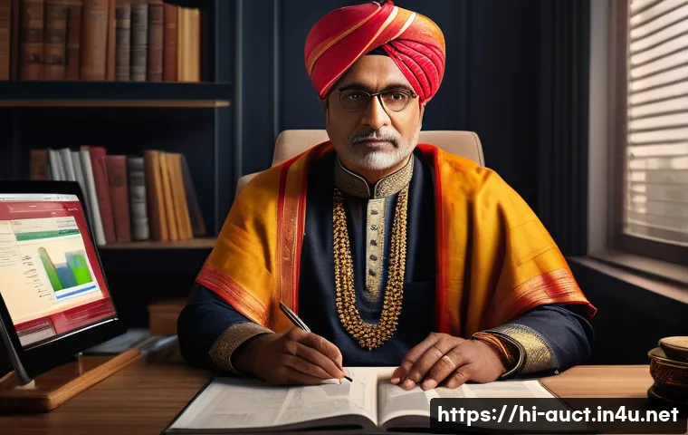 경매사 관련 자격증 취득 후 추천 학습 경로 - A professional Indian auction expert in traditional attire, sitting confidently at a modern desk wit...