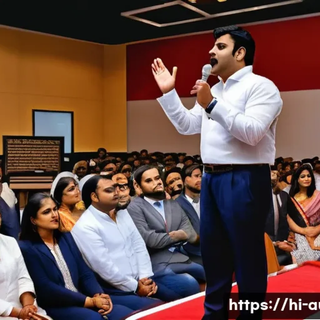 경매사 전문 커리어 플래닝 - A professional Indian auctioneer in a modern auction house, wearing formal business attire and speak...