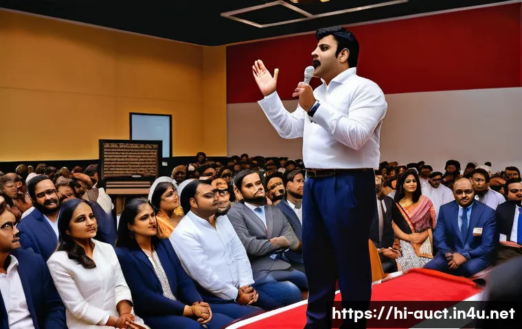 경매사 전문 커리어 플래닝 - A professional Indian auctioneer in a modern auction house, wearing formal business attire and speak...