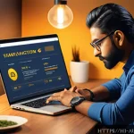 Home 21 경매사 관련 학습 자료의 최신 트렌드 분석 - A modern Indian professional participating in an online auction from home using a sleek laptop and s...