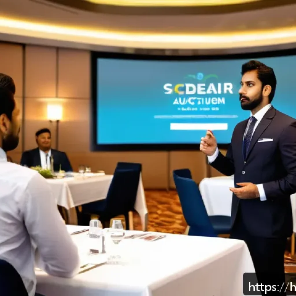 경매사 경력 개발을 위한 전문 네트워킹 팁 - A professional Indian auctioneer in formal business attire, confidently presenting at a high-profile...