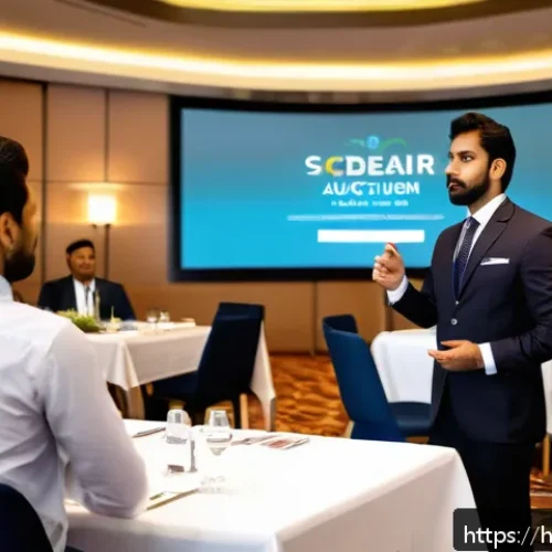 Home 31 경매사 경력 개발을 위한 전문 네트워킹 팁 - A professional Indian auctioneer in formal business attire, confidently presenting at a high-profile...