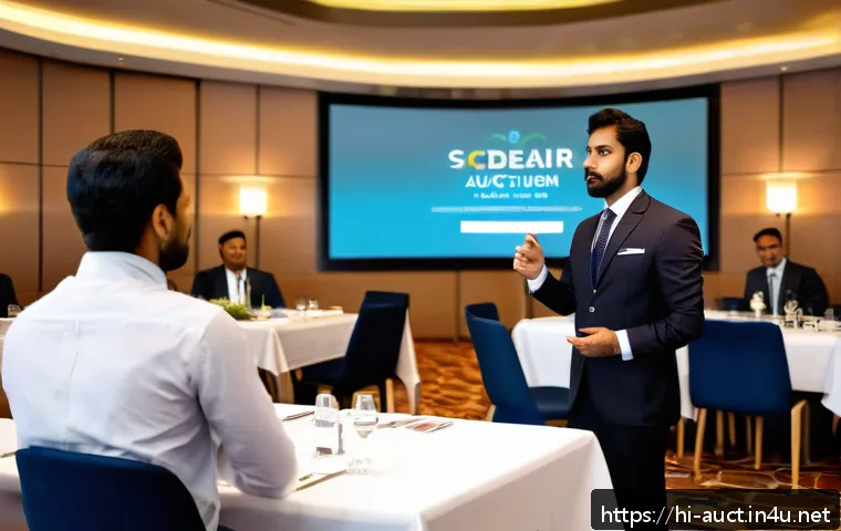 경매사 경력 개발을 위한 전문 네트워킹 팁 - A professional Indian auctioneer in formal business attire, confidently presenting at a high-profile...