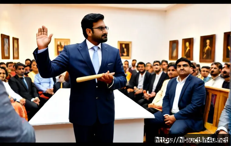 경매사 자격증의 활용도와 중요성 - Photorealistic Indian auction professional in a tailored formal suit confidently conducting a live a...