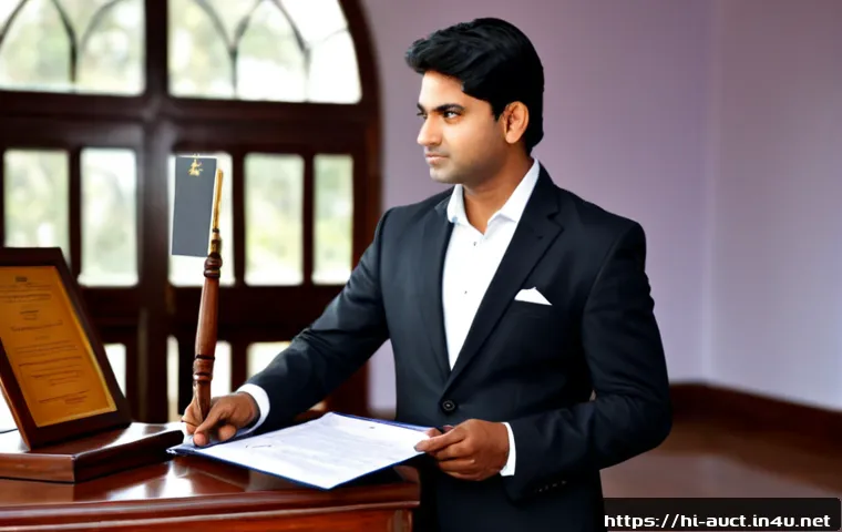 Home 17 경매사 자격증의 중요성과 활용도 - Photorealistic Indian auction professional in smart formal attire standing confidently beside a poli...
