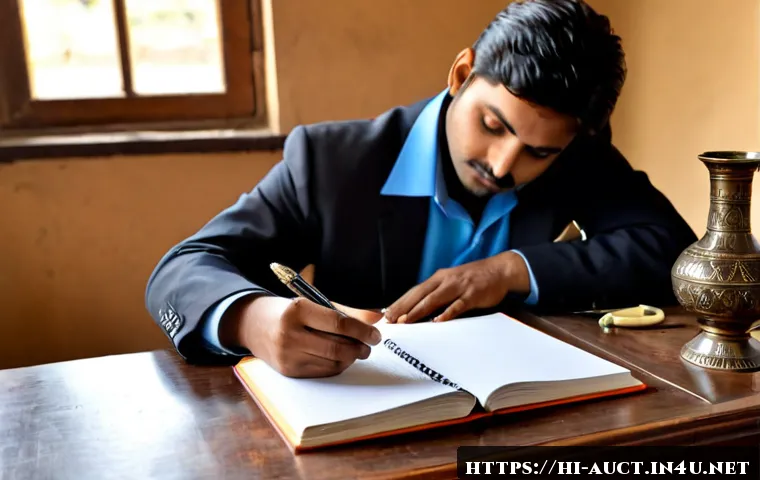 Home 17 경매사 자격증 중점 과목 분석 - Photorealistic Indian adult learner studying auctioneer certification subjects at a clean wooden des...